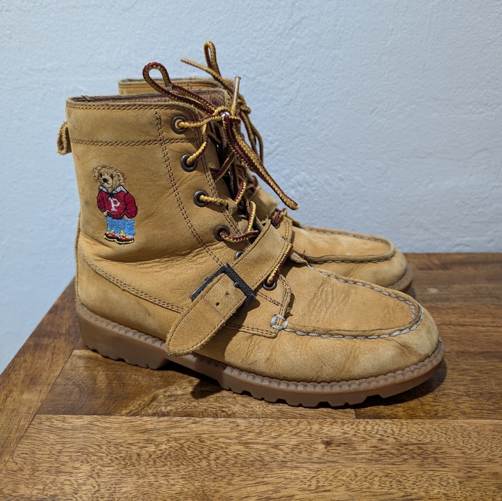 Polo Ralph Lauren Ranger High II Flag‎ Sweater Bear Boys Boots Cashew Size 4